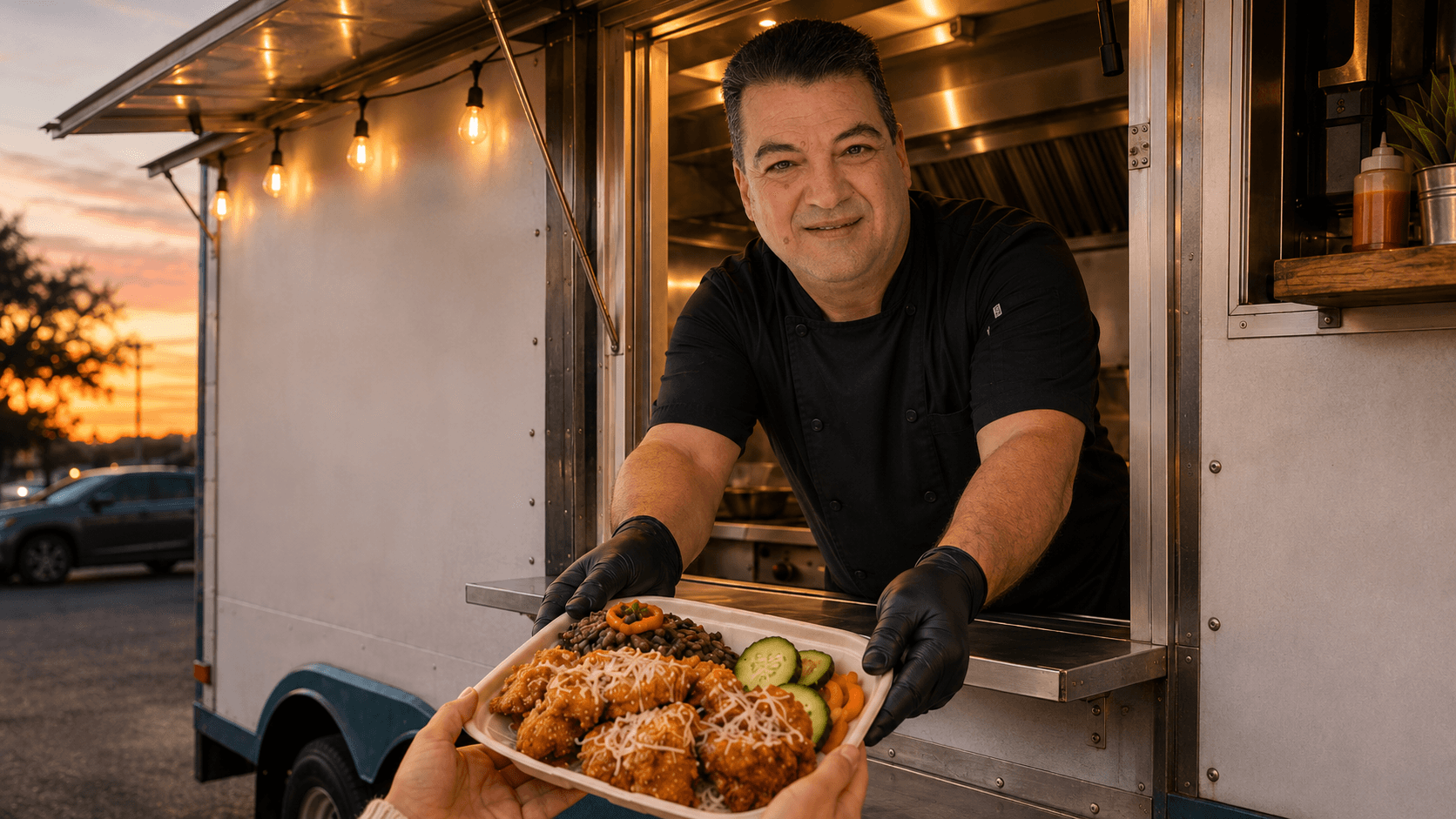 Ricardo, dueño de HOLALA Cuban Flavor, sirviendo un plato en la ventanilla del food truck